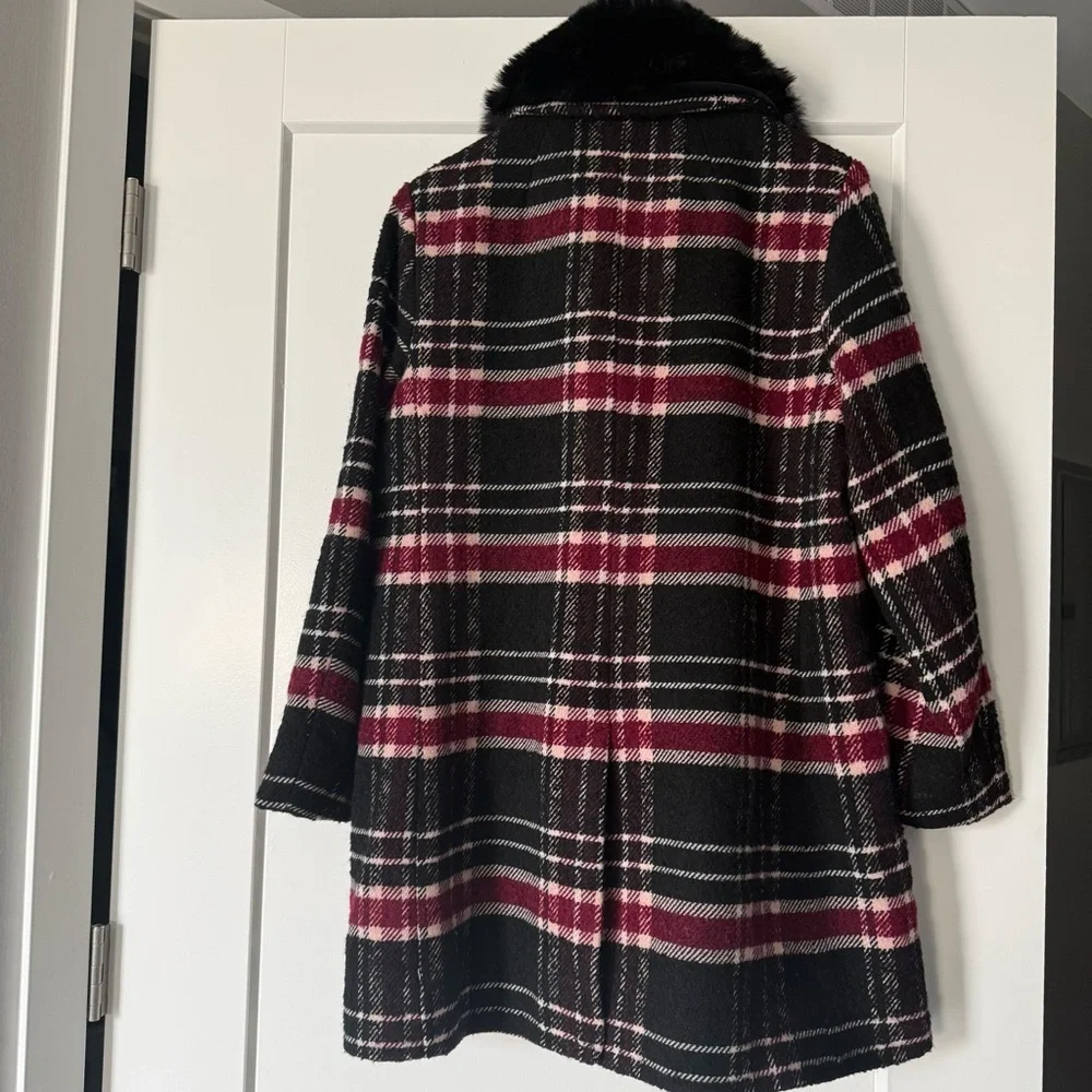 New Kate Spade Top Collar Fur Plaid Wool Coat